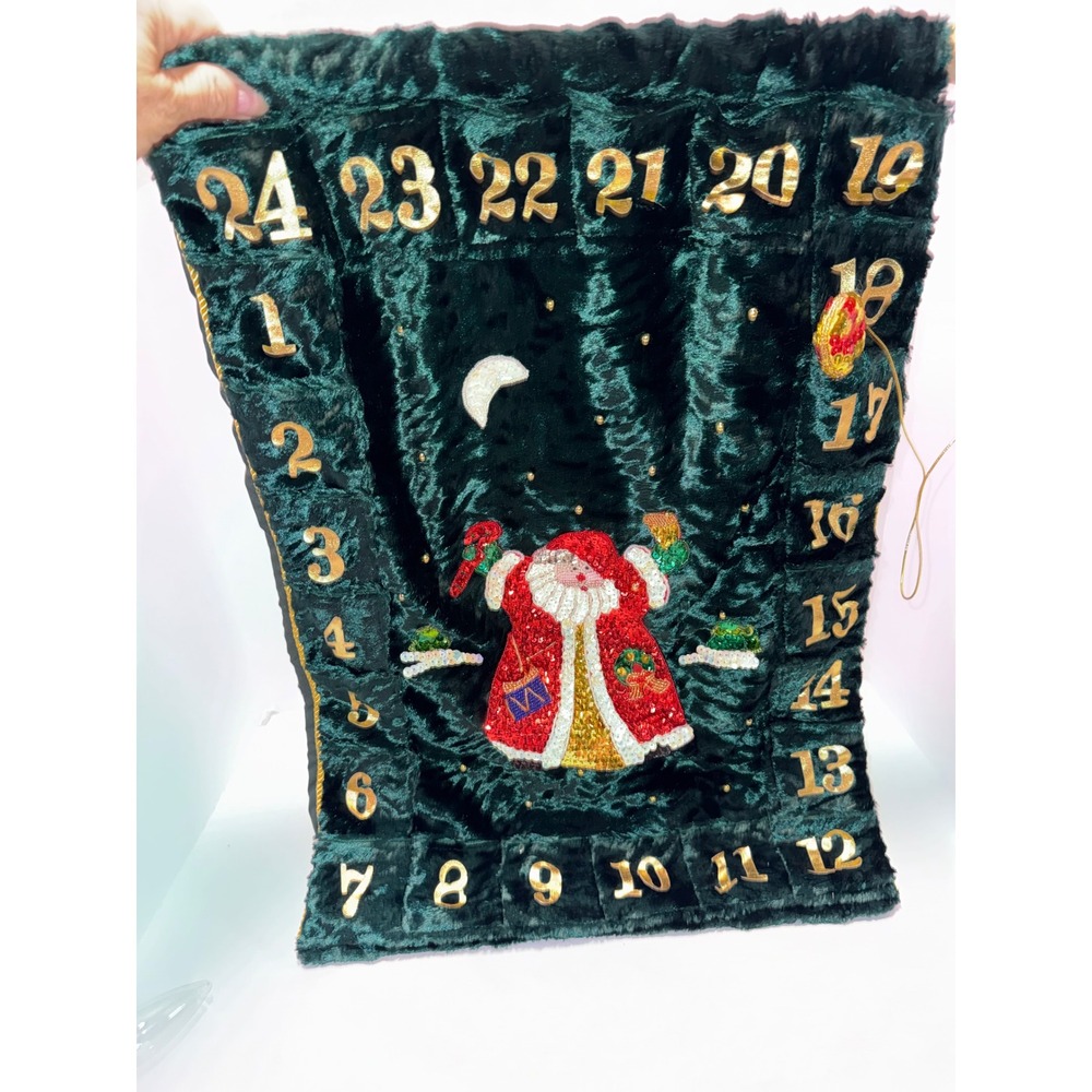 Vintage Christmas Advent Calendar Green Faux Fur Sequined Santa Wall Hanging 24"